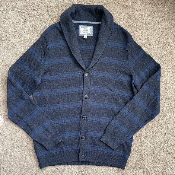 Jos A. Bank Shawl Neck Wool Blend Striped Navy Cardigan Sweater Grandpa Mens M - Picture 1 of 7